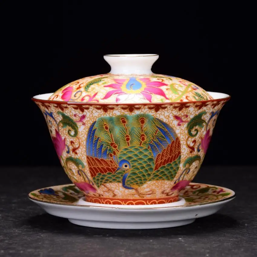 Цзиндэчжэнь фарфор Gaiwan эмалированная ручная роспись пион чайная чаша с блюдцем