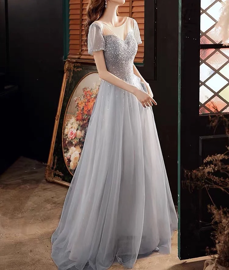 Роскошные блестящие длинные кружевные платья с круглым вырезом и блестками