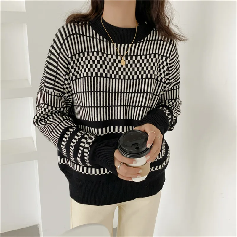 Shop1314 Winter Knitted Sweater Women Vintage Artistic Monochrome Jacquard Female Romantic Geometry Print Loose Pullover | Женская