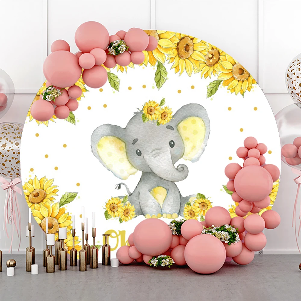 

Laeacco Sunflower Elephant Baby Shower Birthday Party Round Circle Backdrops For Photography Customized Poster Photo Backgrounds
