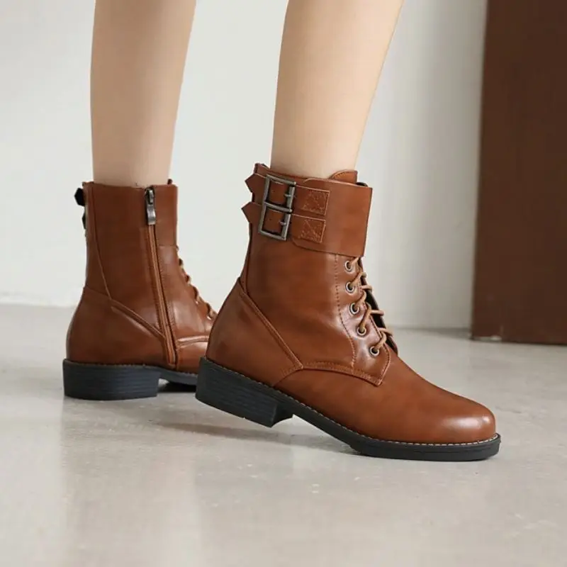

RIZABINA Women Winter Short Boots Buckle Zipper Woman Ankle Boots Fashion Cool Shoes Women Daily Footwear Size 33-43