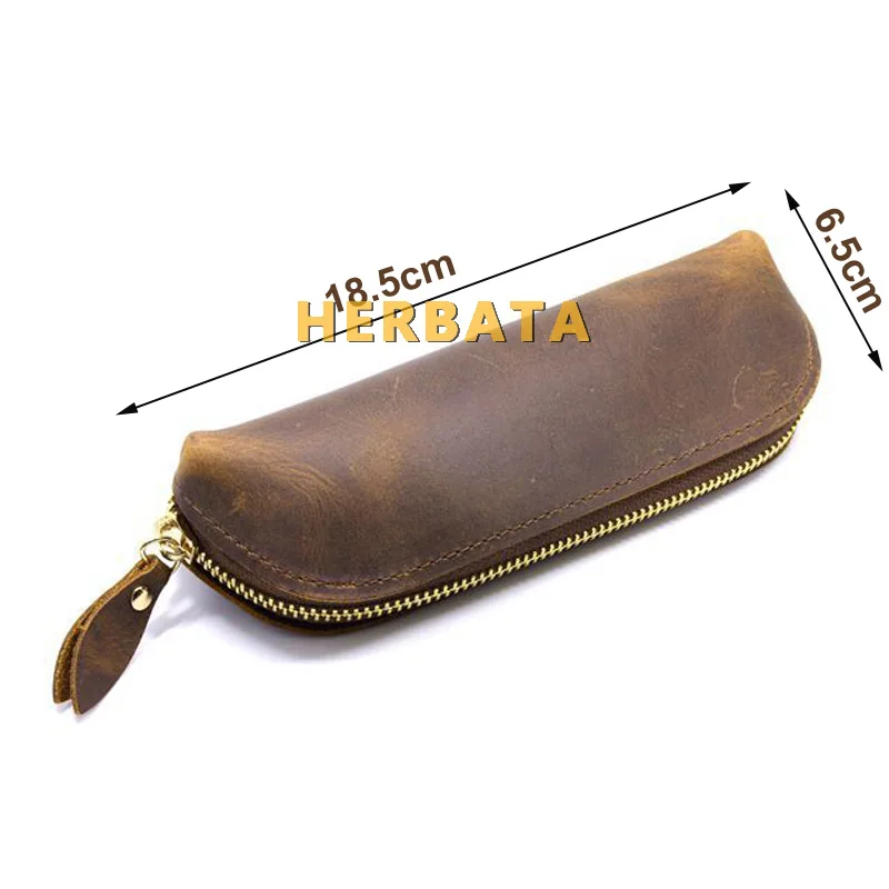 

Handmade Genuine Leather Pencil Bag Vintage Retro Style Cowhide Zipper Pen Case School Bag Glasses Case Office Stationery Gift