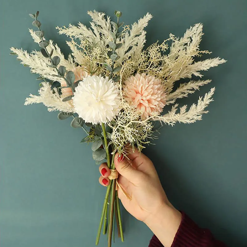 

White Blue Artificial Flowers Silk Dandelion Plastic Eucalyptus Hybrid Bouquet Wedding Home Party Desktop Decoration Fake Flower