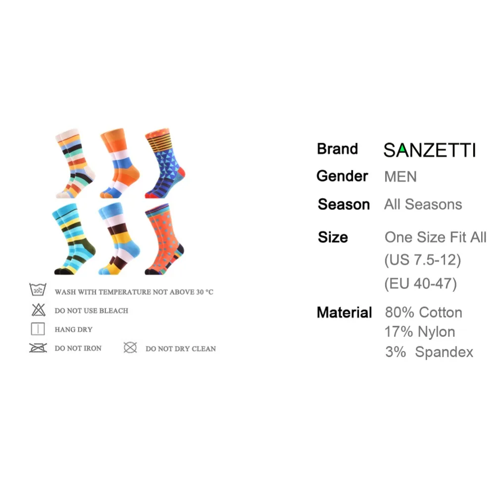 SANZETTI 6 пар/лот мужские горячая Распродажа повседневные чесаные хлопковые носки полосатые мягкие платья Удобные свадебные подарочные креативные носки