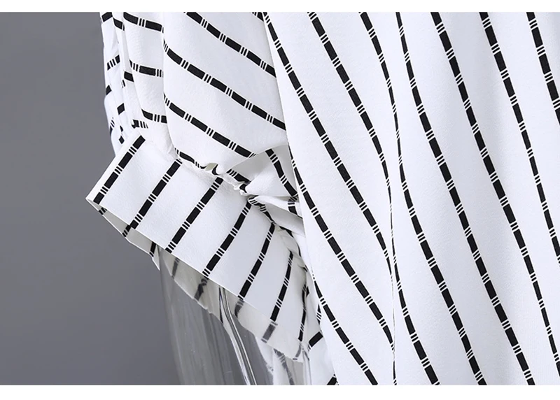 

[EAM] Women White Big Size Striped Ruffle Blouse New Lapel Half Sleeve Loose Fit Shirt Fashion Tide Spring Summer 2021 1DD7391