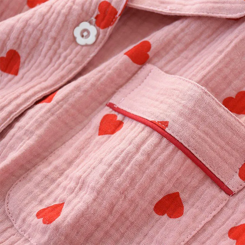 

Spring New Ladies Pajamas Set Heart Printed Crepe Cotton Double-layer Gauze Turn-down Collar Long-sleeve Trousers Household Wear