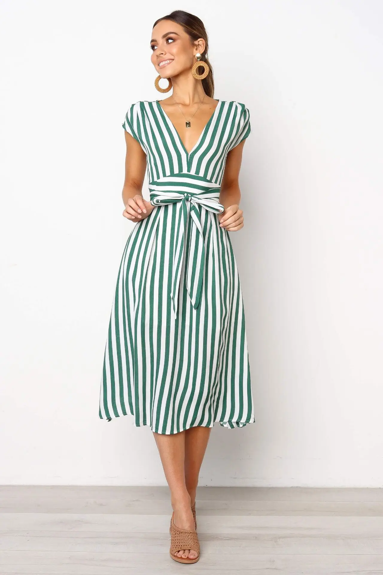 

Женское платье в полоску, Элегантное Длинное вечерние чное платье на завязках с высокой талией и v-образным вырезом, одежда для отпуска, Al190617...