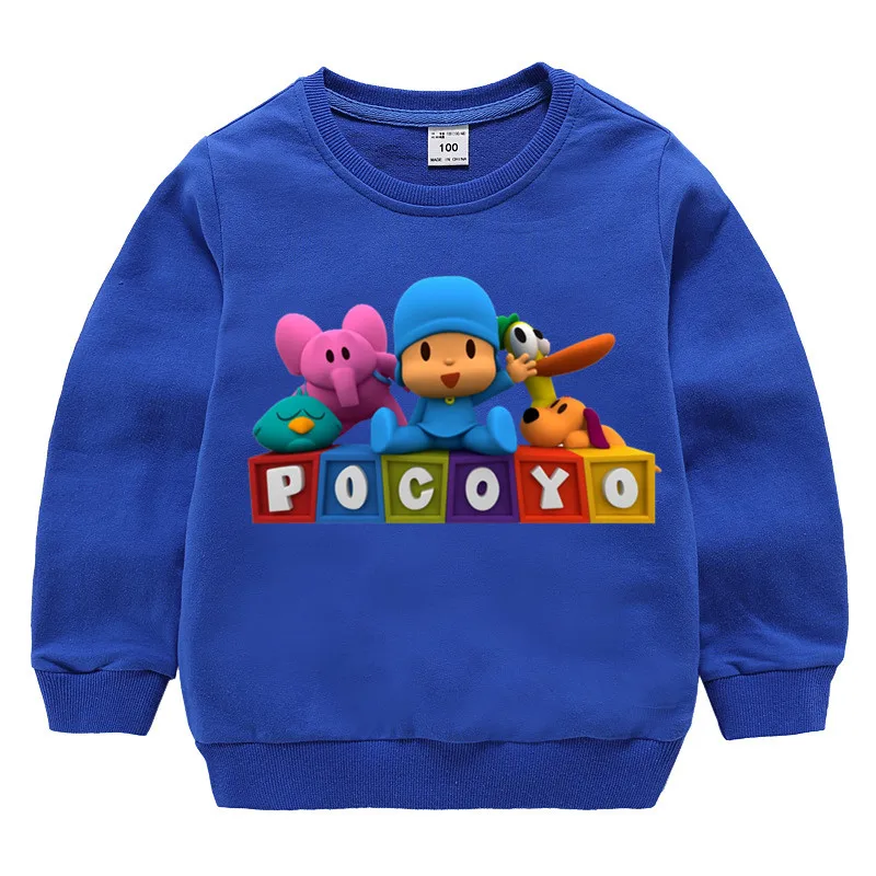T127O-blue Детские хлопковые толстовки с капюшоном с принтом Pocoyo, хлопковый пуловер для девочек, топы для маленьких мальчиков, осенняя одежда - Цвет: T127O-blue
