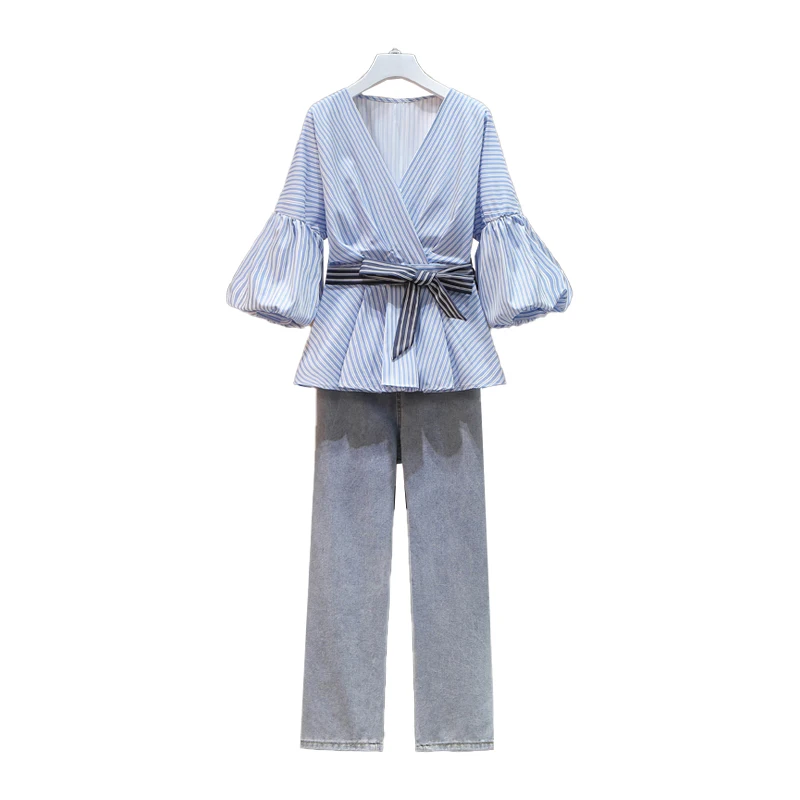 

New 2021 Spring Big Yards Design V Neck Stripe Coat Loose Top Jeans Denim Pants Leisure Suit Women Outfit Set Clothing