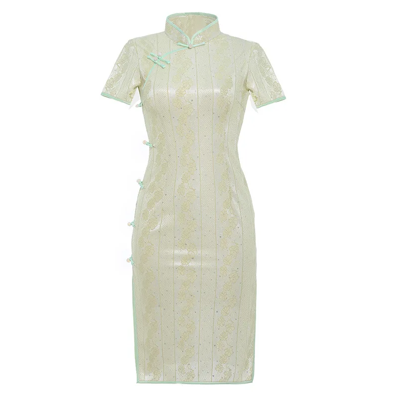 Summer Sexy Embroidery Sequins Chiffon Qipao Traditional Chinese Women Short Sleeve Dress Daily Student Lace Cheongsam | Тематическая