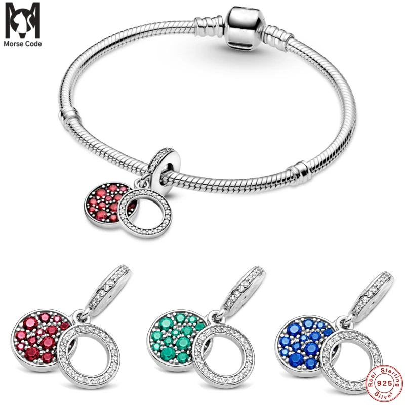 

MC 1set 925 Sterling Silver Green Blue Red Round Disc With Zircon Pendant Fit Original Pandora Charm Bracelets DIY Women Jewelry