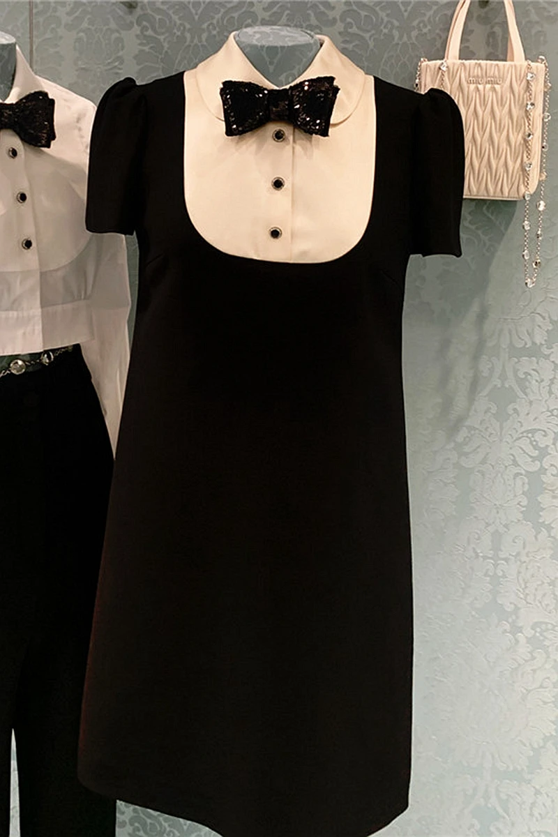

White Black Patchwork Vintage A-line Puff Sleeve Mini Dresses for Women 2021 Elegant Bow Summer Dress Casual Vestido De Mujer