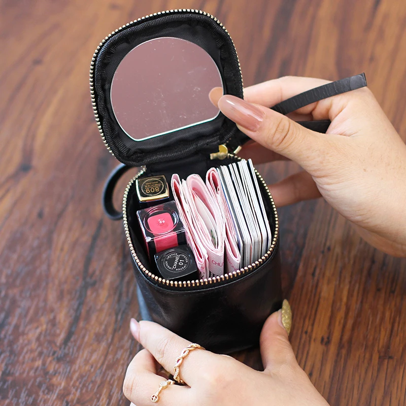 

Women's 100% Soft Leather Lipstick Case With Mirror Makeup Travel Case Storage Bag Cute Bucket Coin Purse Zipper Coin Pocket