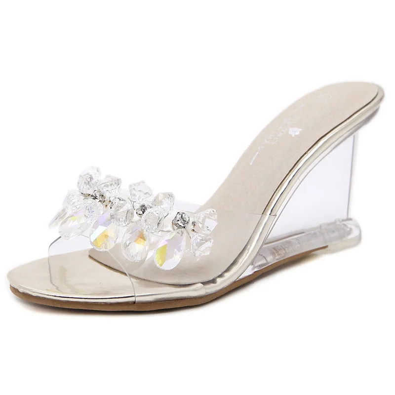 Женские шлепанцы со стразами Босоножки на танкетке прозрачные каблуки Стразы