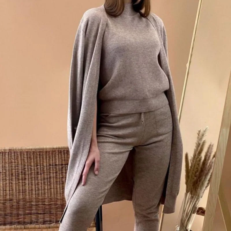 

Women Knitted Suits Outfits Sweater 3 Piece Set Tracksuit 2021 Autumn Winter Long Cardigan Coat + Half Turtleneck Vest + Pants