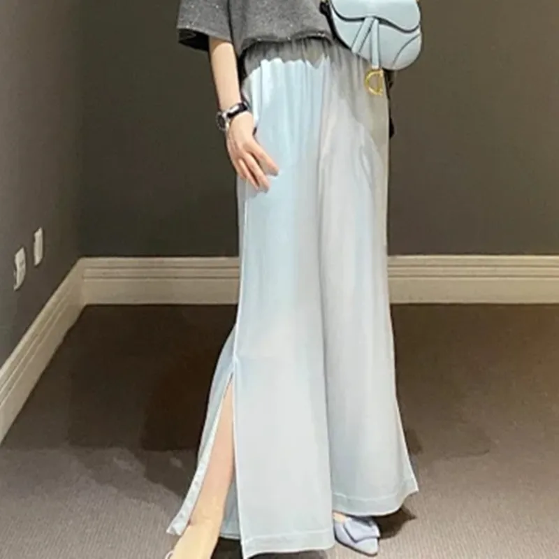 

Women Side Split Trousers Loose Straight Elastic Waist Summer Female Casual Long Pants