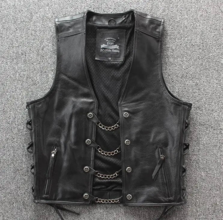 

Leather Mens Genuine Rock Vests Metal Chain Biker Vest Motorcycle Sleeveless Real Leather Jackets Adjustable Lacing