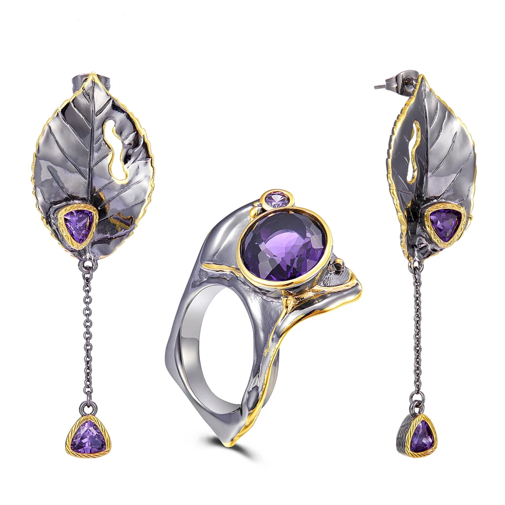 

New Arrived Exaggerated Gothic Ring Earrings Set Women Party Must Have Purple Zirconia Unique set