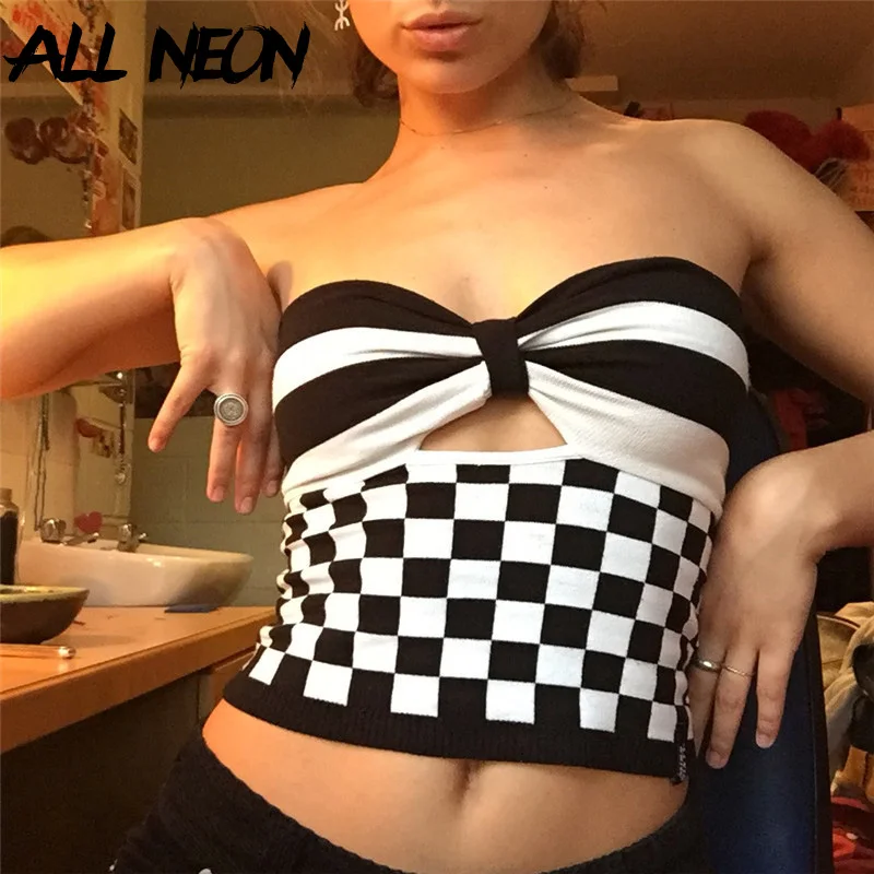 

ALLNeon Fashion Y2K Sexy Patchwork Hollow Out Checkered Tube Tops Retro 90s Streetwear Striped Print Strapless Tank Top Party