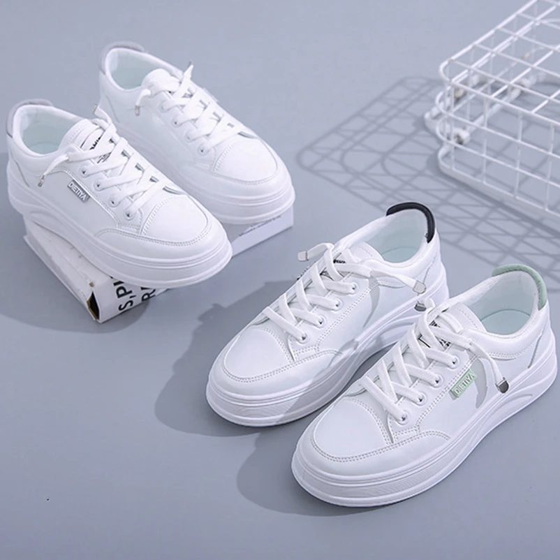 

2021 Woman White Sneakers 4cm Heels Flat White Tennis Shoe Spring Fall Female Solid Sport Skateboard Shoes Women Sneakers Sewing