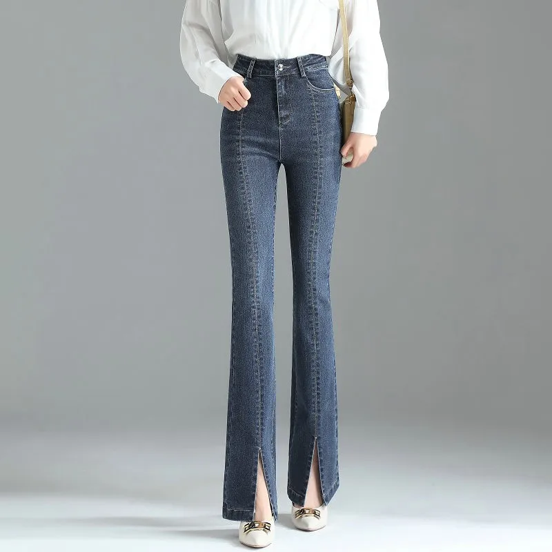 

Прямые женские джинсы с высокой талией, джинсы, уличная одежда, светло-голубые джинсовые брюки, винтажные расклешенные брюки с разрезом, жен...