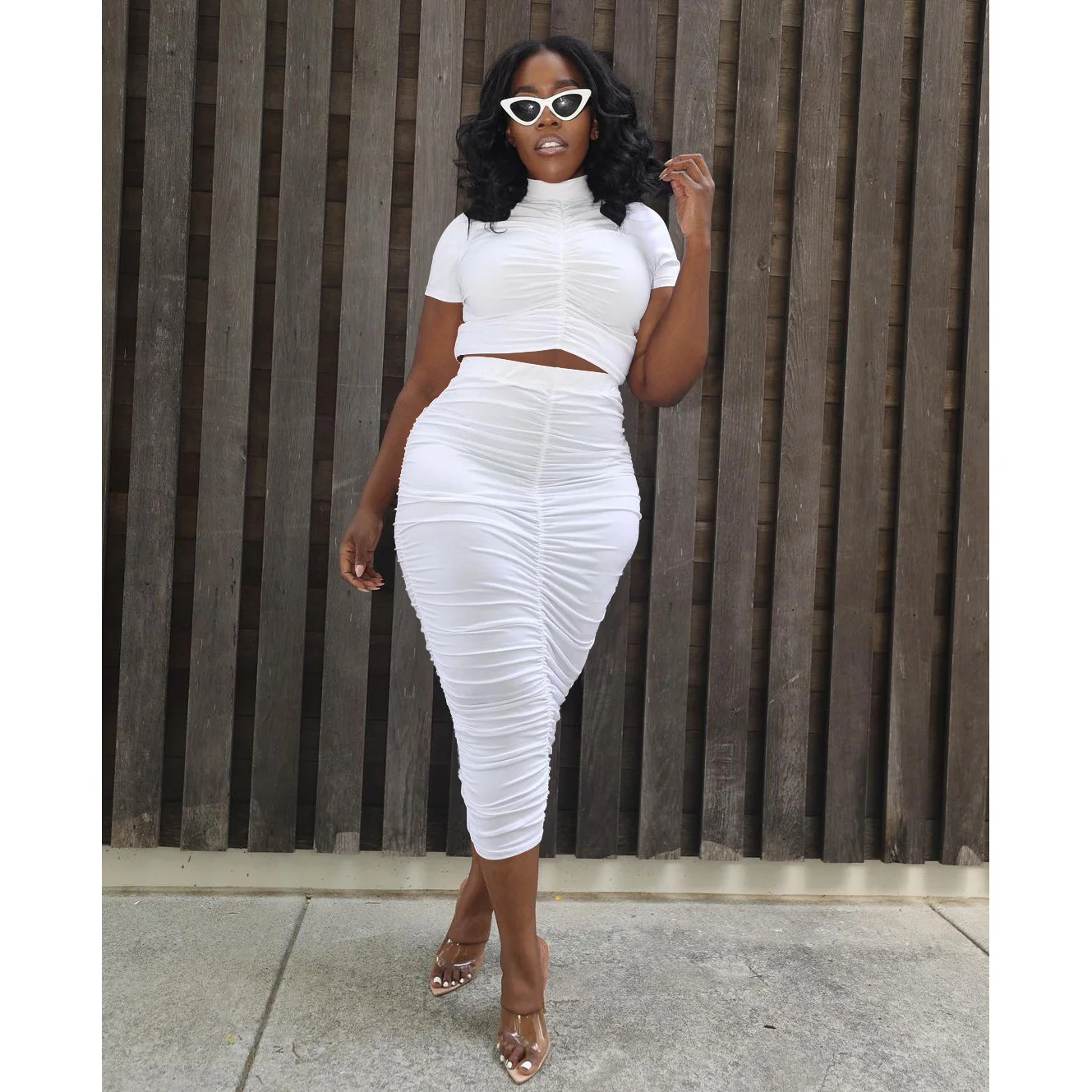 

Solid Color Ruched 2 Two Piece Set Dress Woman Short Sleeve Turtleneck Crop Top And Draped Bodycon Maxi Skirt Summer Outfits