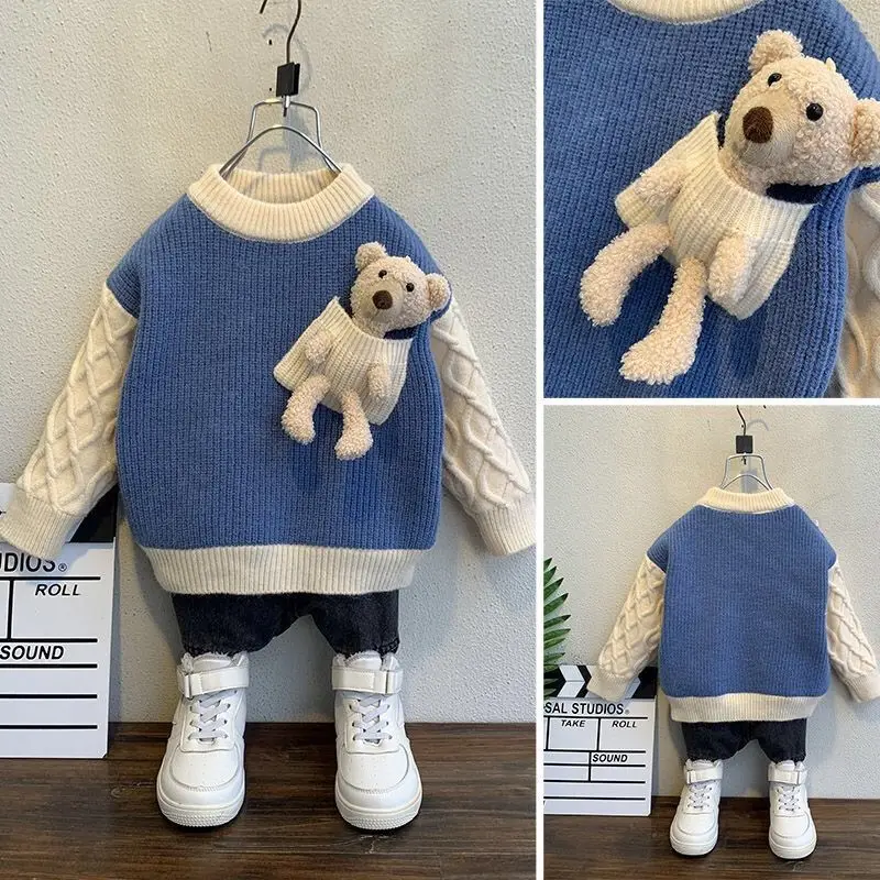

3-12 Years Autumn Winter Toddler baby boys Kids bear Sweater Children Kids girls Pullover clothes Knitted Sweaters
