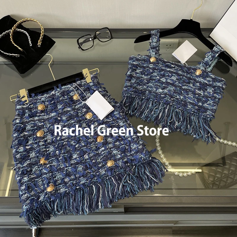 

Luxury Designer 2021 Branded High End Fall New Fashion Clothes Two Pieces Set Women Knited Gold Buttons Elegant Women Clothing