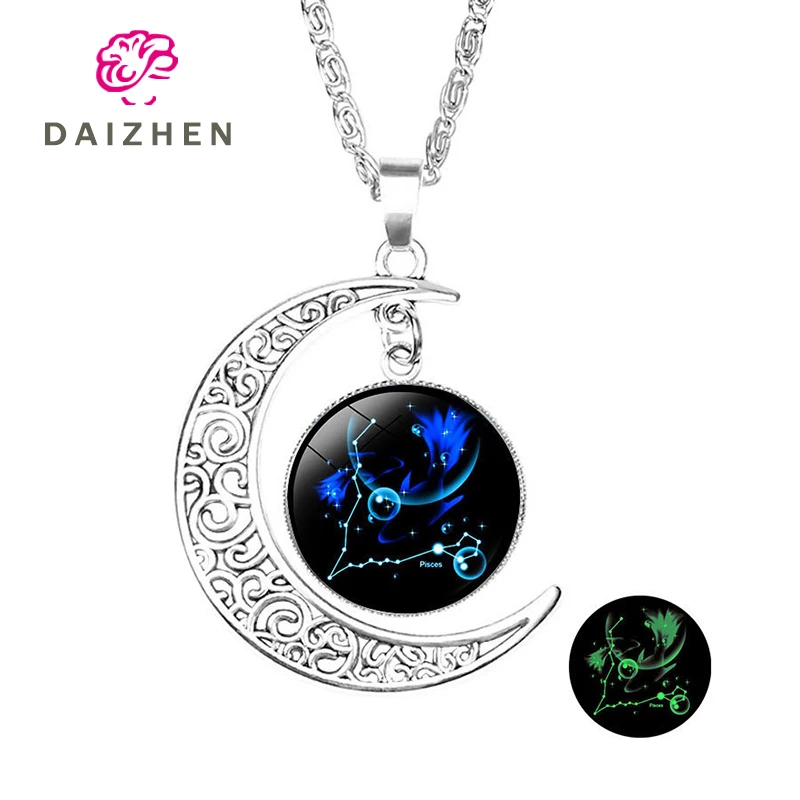 

2020 New 12 Constellation Necklace Silver Moon Pendant Glass Round Zodiac Jewelry Ms. Creative Birthday Holiday Gift