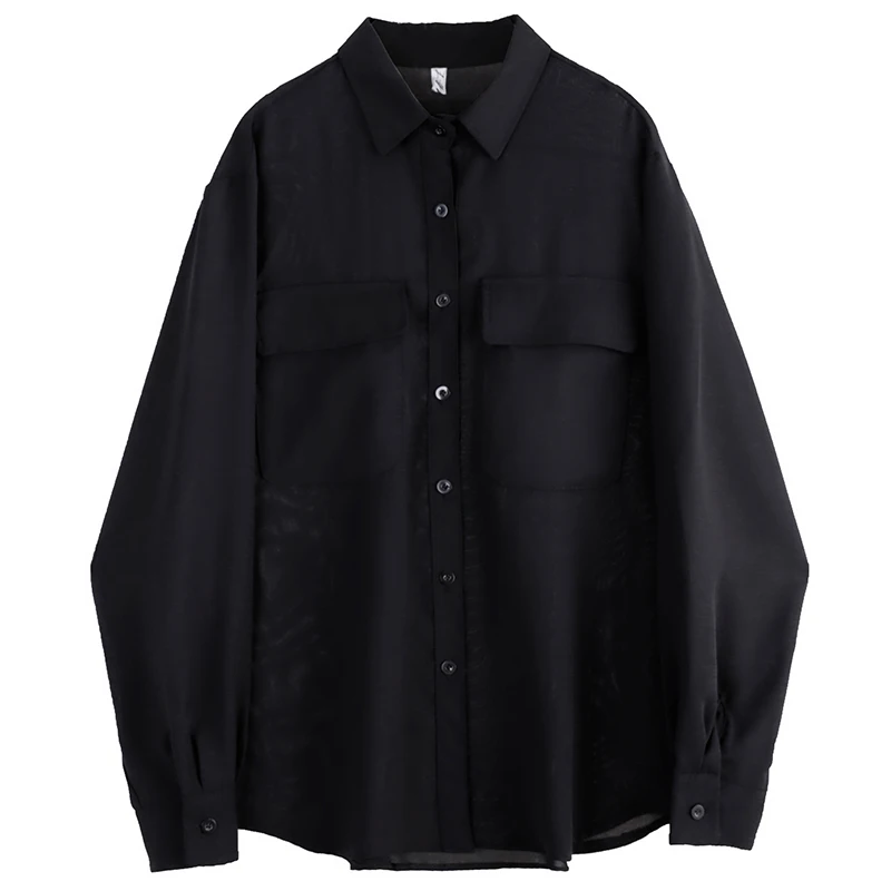 2019 летние новые стильные женские блузки и рубашки все черный Двойные Карманы