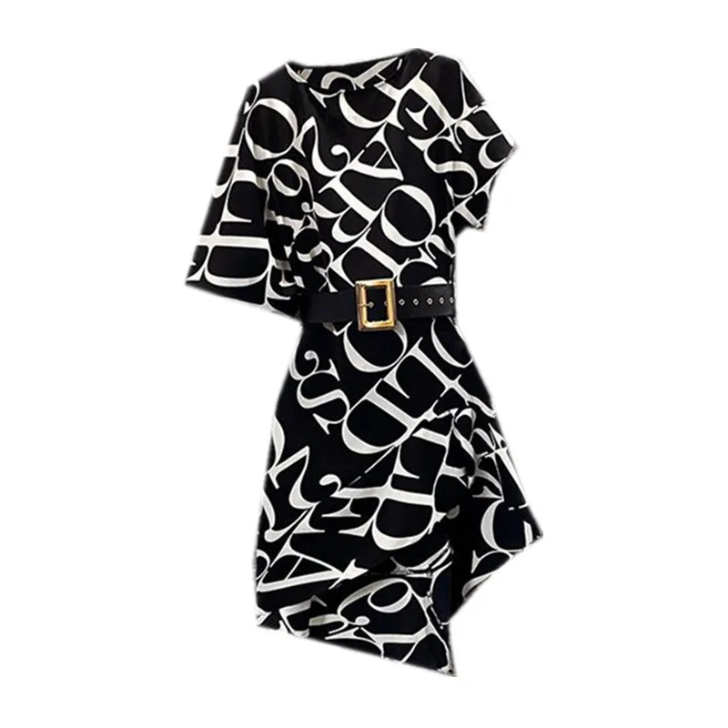 

Plus Size Clothing for Women Irregular Design 2021 Summer New O-neck Short Sleeve Letter Print Loose Asymmetry Mid Dresses