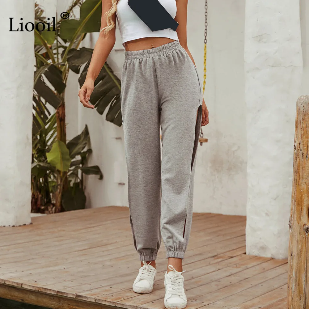 

Liooil Sexy High Waist Slit Sweatpants Women Trousers 2020 Summer Streetwear Gray Casual Loose Womens Joggers Long Sweat Pants