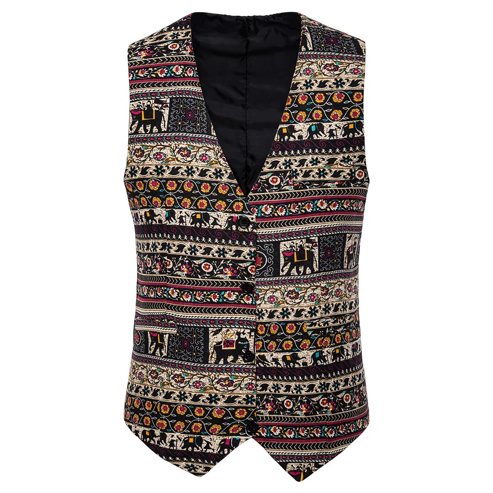 

Stripe Elephant Printed Linen Suit Vest Men Fashion National Style Sleeveless Waistcoat Luxury Single Breasted Chaleco Hombre