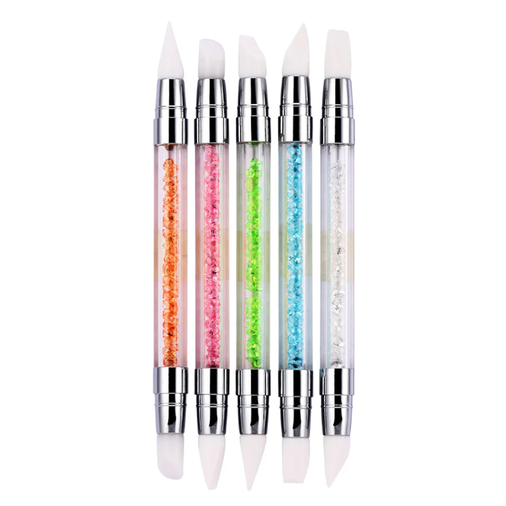 

5 Pcs Acrylic Handle Silicone Nail Brush 2-ways Silicon Tool L, 5 Pieces Brush 2 Way Rhinestone Crystal Nail Art Brush Pen ,L2