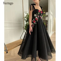 verngo 2021 black dotted tulle a line evening party dresses with color floral lace velour straps pockets ankle length prom gown