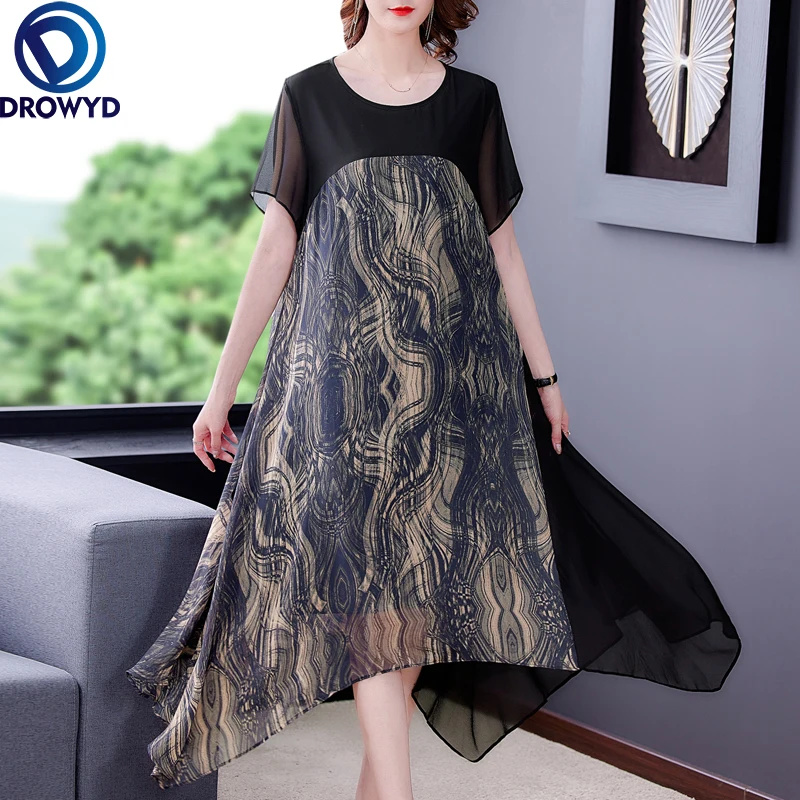 

Women Fashion Vintage Print Mulberry Silk Maxi Dresses Summer O-neck Patchwork Midi Dresses 2021 Elegant Bodycon Party Vestidos