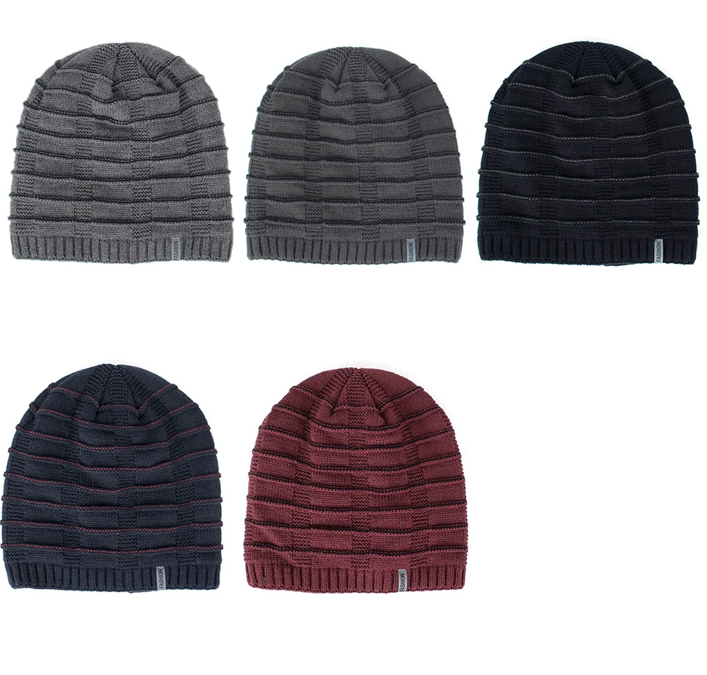 Fashion Staircase texture Winter Warm Knitted Hat Skullies Beanies For Men Women Bonnet Caps Gorros Male Solid Plus velvet Hat
