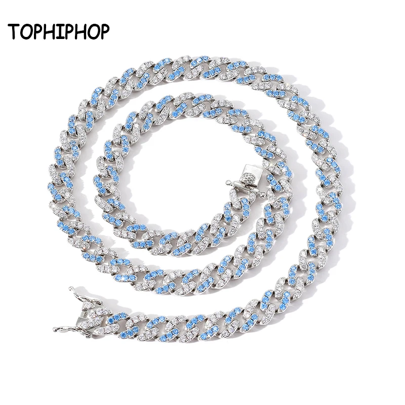 

Hip-Hop Necklace 9mm Single Row Blue and White Zircon Hip-Hop Cuban Chain for Men and Women Hiphop Accessories Rap Jewelry