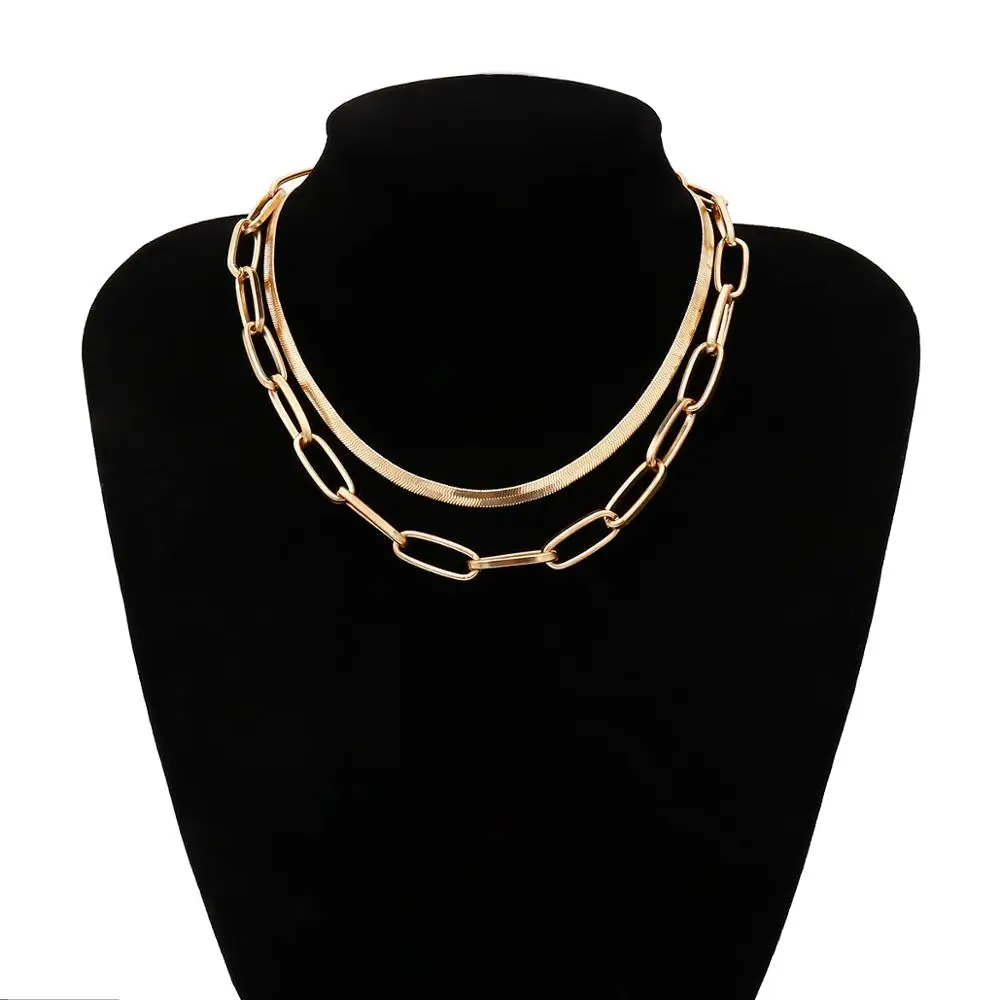 

IngeSight.Z 2Pcs/Set Punk Multi Layer Curb Cuban Choker Necklace Gold Color Simple Snake Chain Necklace for Women Jewelry Party