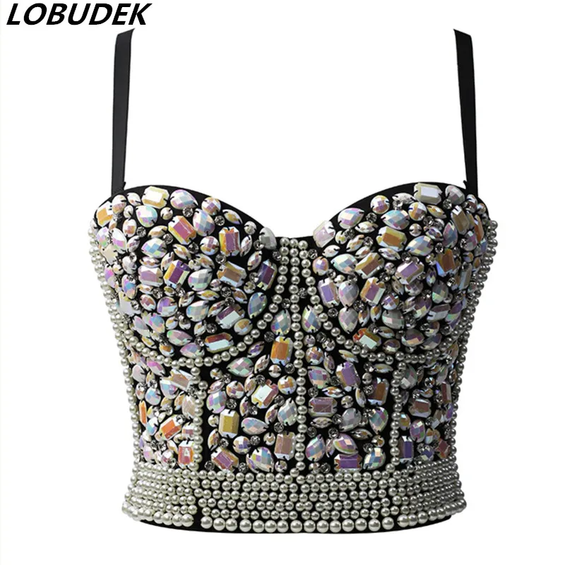 

Luxury Colorful Rhinestones Bar Crop Tops Sexy Hand-made Nightclub DJ Singer Dancer Crystals Stones Brassiere Corsets Bra Tops