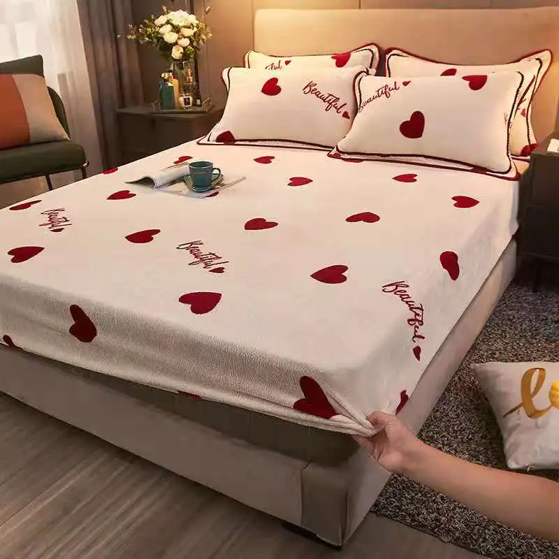 

warm Universal Mattress Cover Mink Cashmere Thicken sheets bed Pillow Case Winter Fitted Sheets Dust Cover Protector