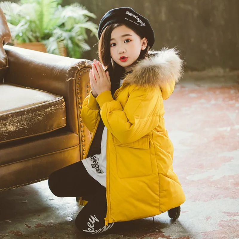 Fashion Children Winter Down Cotton Jacket Girl Clothing Kids Clothes Warm Thick Parka Fur Collar Hooded Long Coats Outfits - Цвет: Цвет: желтый