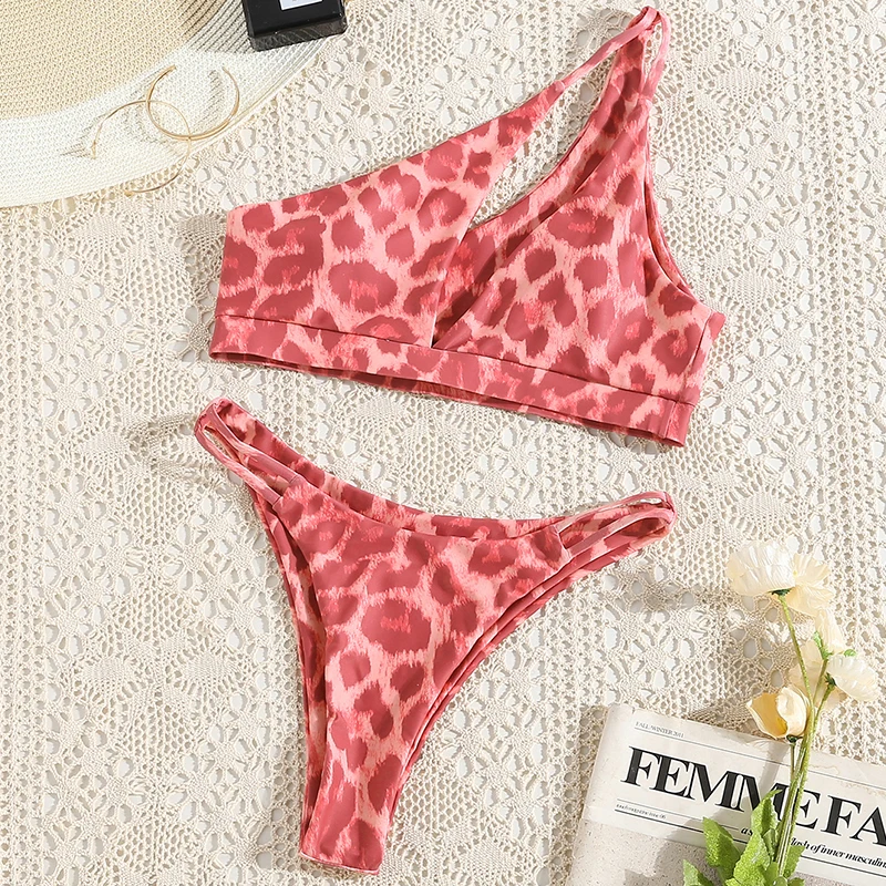 

Mossha Sexy leopard print swimsuit women Hollow out bikini 2021 High cut swimwear One-shoulder bathing suit Swimming Swim suit