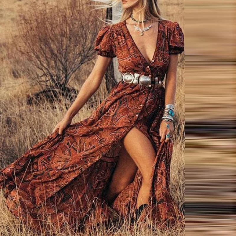 

Платье женское длинное с глубоким V-образным вырезом, пикантное Макси-платье в стиле «ампир», с принтом, с разрезом, на пуговицах, пляжная оде...