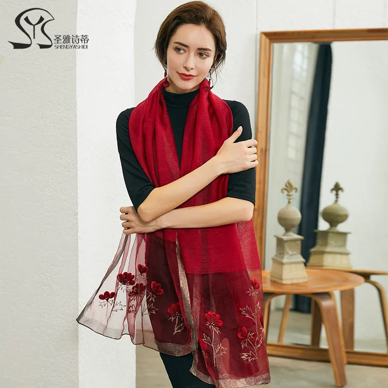 Осенний Шелковый шерстяной шарф из шелка тутового шелкопряда с вышивкой|Женские