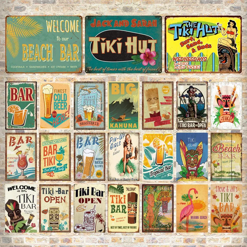 

Tiki Bar Club Iron Painting Beach Metal Tin Sign Retro Poster Plaque Wall Art for Beach Bar Beach House Seaside Decoration