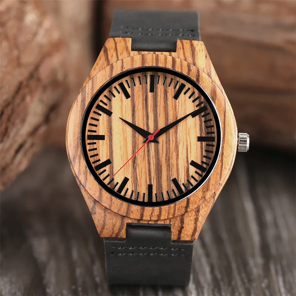 

Red Seconds Zebrawood Stripes Wood Watch Men Quartz Genuine Leather Band Wristwatch Male Natural Stylish Wooden Timepiece Gift