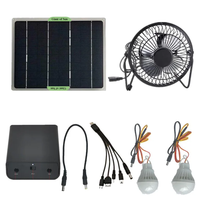 

Solar Power Panel DC USB Charging Lighting System Phone Charge LED Light + Adjustable Fan Kit Home Outdoor Camping Lamp
