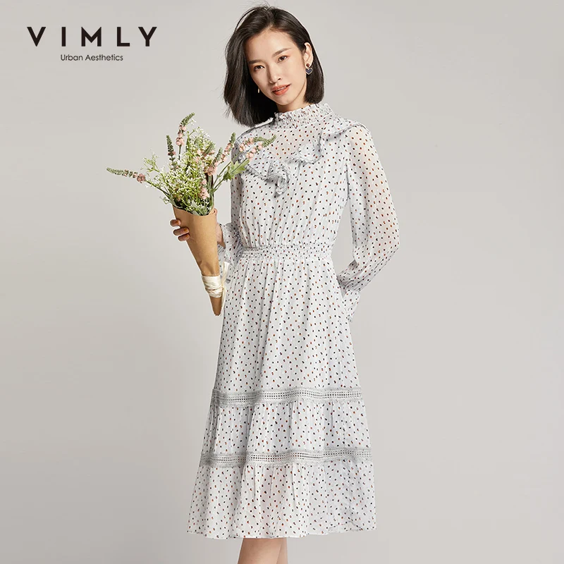 Женское шифоновое платье Vimly винтажное осеннее в горошек с воротником стойкой