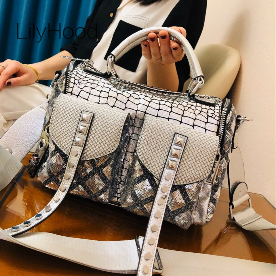 

Female Fashion PU Artificial Leather Boston Handbag Women Daily Casual Luxury Design Paillette Sparkle Shiny Black Messenger Bag